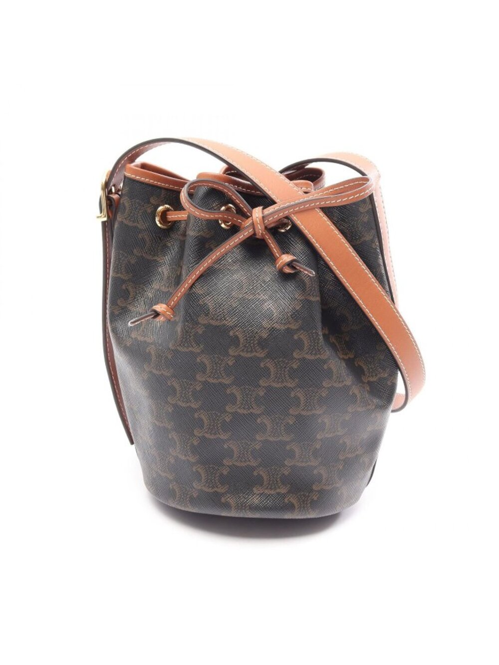 Celine Shoulder Bag Small Drawstring Triomphe Dark Brown Canvas Leather